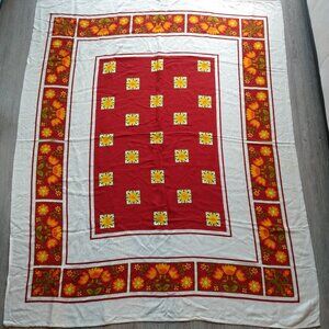 Vintage Scandinavian Tablecloth Tulip Flowers Sunflowers Burgundy Orange Rayon